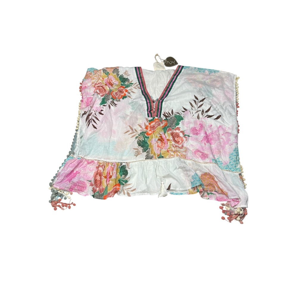 NWT Z&L Europe Floral Cotton Poncho Top White‎ Pink Orange Boho Pom Pom Womens M